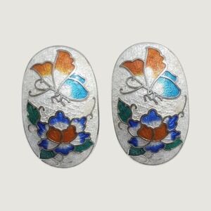 Vintage Cloisonne Butterfly Floral Clip On Earrings White Enamel Oval Blue